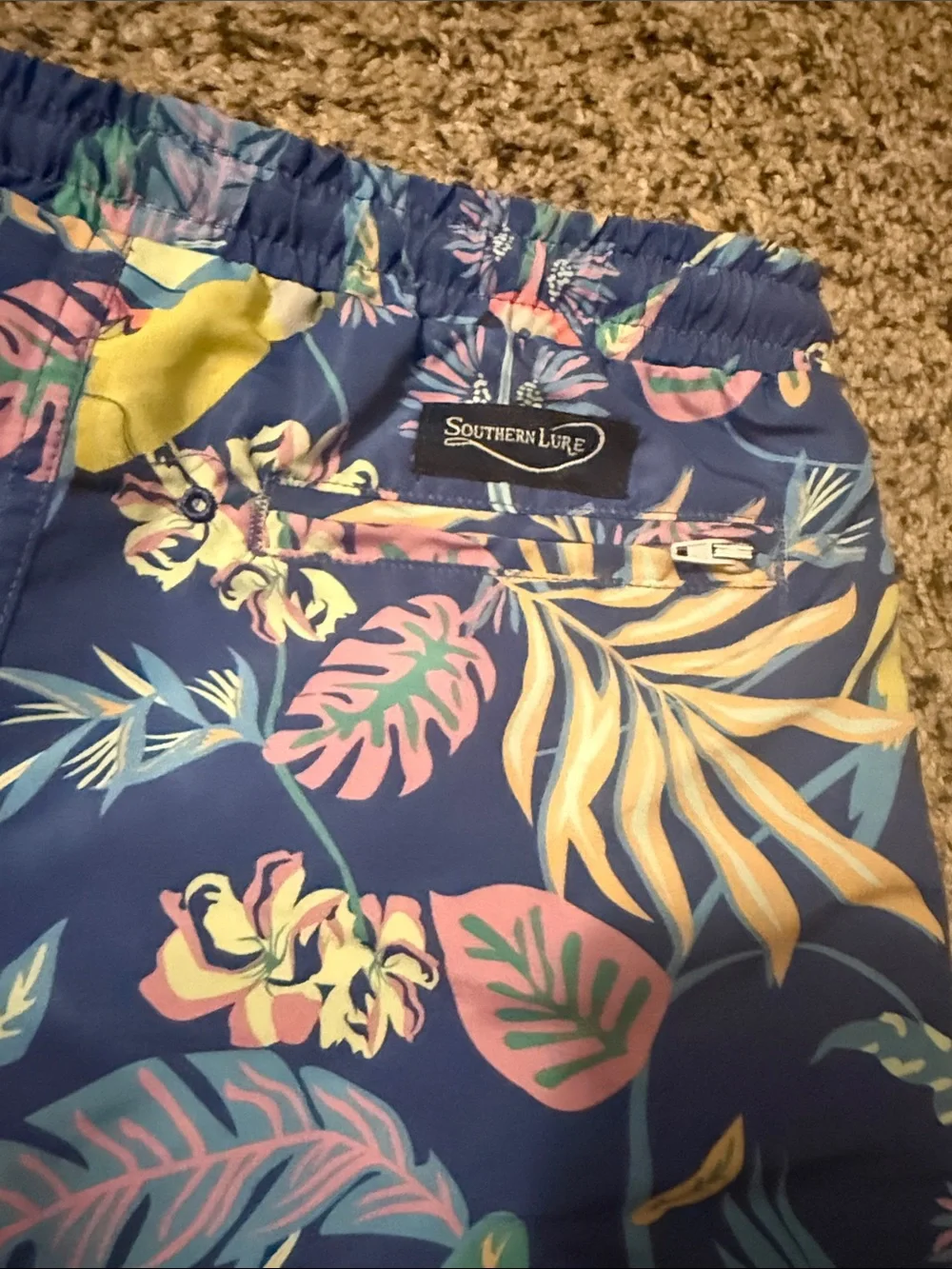 Southern Lure Boys Blue Tropical Parrot Print Drawstring Swim Trunks NWT Size 6